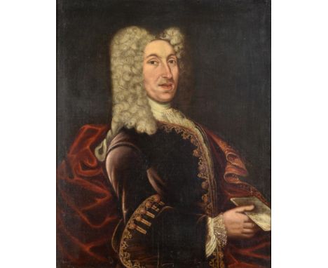 Follower of Fra' Galgario (1655-1743) Italian  Portrait of a refined gentleman, half length, wearing a velvet jacket trimmed 