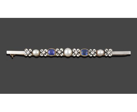 A Sapphire, Diamond, Cultured Pearl and Enamel Brooch, three cultured pearls alternate with two oval cut sapphires in yellow 