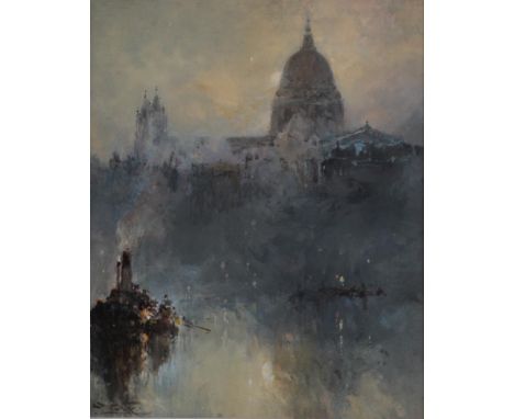 Stephen Frank Wasley (1848-1934) Tug boat on the Thames with St Paul's beyond at gloaming  Signed, oil on canvasboard, 53.5cm