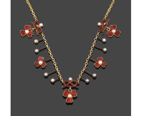 An Edwardian Enamel and Split Pearl Necklace, circa 1900, three trefoil clover clusters suspended from lovers knot motifs ena