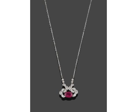 A Ruby and Diamond Necklace, the oval cut ruby within a scroll mount set throughout with eight-cut diamonds, in white claw se