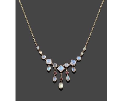 An Edwardian Moonstone and Garnet Necklace, circa 1900, graduated vari-cut cabochon moonstones with graduated moonstone and g