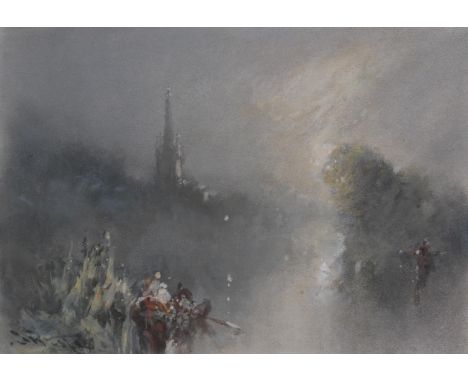 Stephen Frank Wasley (1848-1934) Rowing boat before a church spire at sunset  Signed, mixed media, 27.5cm by 39cm   Provenanc