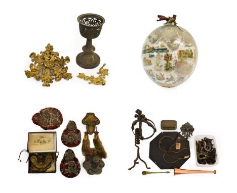 A Slate Sundial, inscribed Franks Optician, 24cm wide; Various Shoe Buckles; Beadwork Items; A Decalcomania Ball; and Decorat