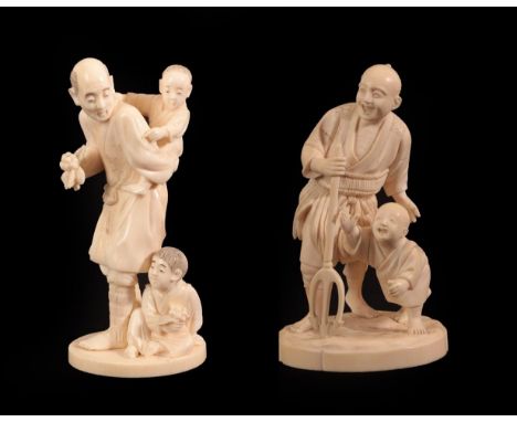 A Japanese Ivory Okimono as a Father, Meiji period, carrying a child on his back, a further child seated at his feet, on an o