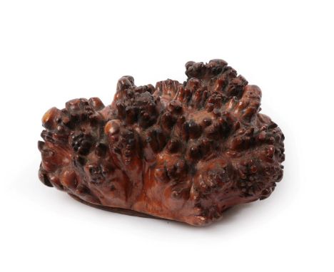 A Mulberry Snuff Box, early 19th century, as a pollarded burr knot, the worked hinged cover printed with an allegorical scene