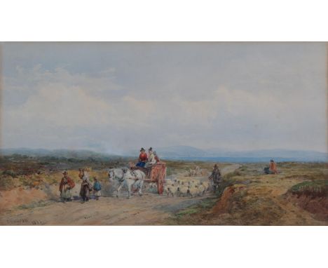 Edward Duncan (1803-1882) Travellers on a coastal pathway Signed and dated 1873, pencil and watercolour, 20cm by 36cm    . Re