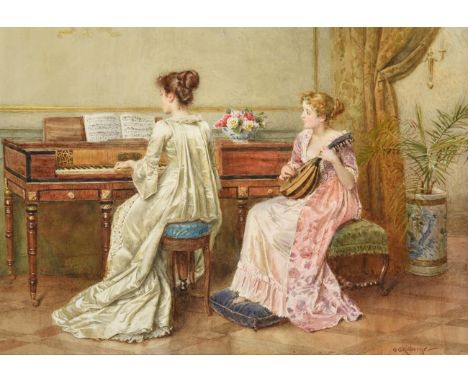 George Goodwin Kilburne RI, RBA (1839-1924) The Duet - two elegant ladies seated in a interior playing music  Signed, waterco