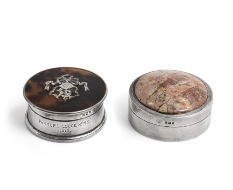 A George V Silver-Mounted Hardstone Snuff-Box and a George V Silver-Mounted Tortoiseshell Dressing-Table Box, The First by Wi