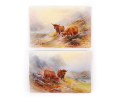A Pair of Royal Worcester Porcelain Plaques, painted by Harry Stinton, early 20th century, of rectangular form with highland 