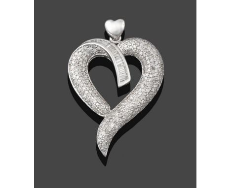 A Diamond Heart Pendant, of stylised design pavé set throughout with eight-cut and baguette cut diamonds in white channel and