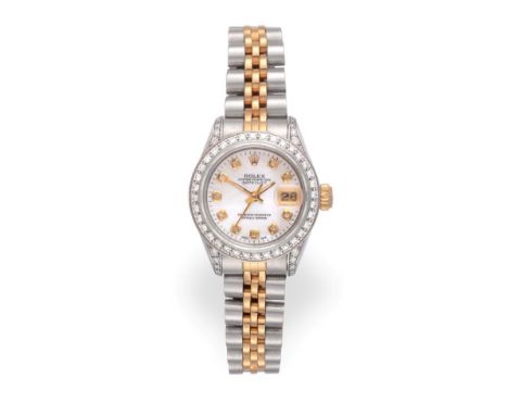 A Lady's Steel and Gold Diamond Set Automatic Calendar Centre Seconds Wristwatch, signed Rolex, Oyster Perpetual. Superlative