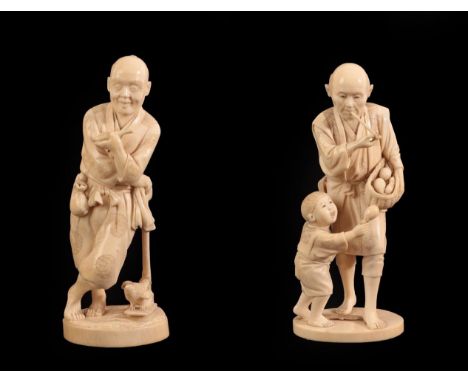 A Japanese Ivory Okimono as a Farmer, Meiji period, standing leaning on an implement, a pipe in his hand, a chicken at his fe