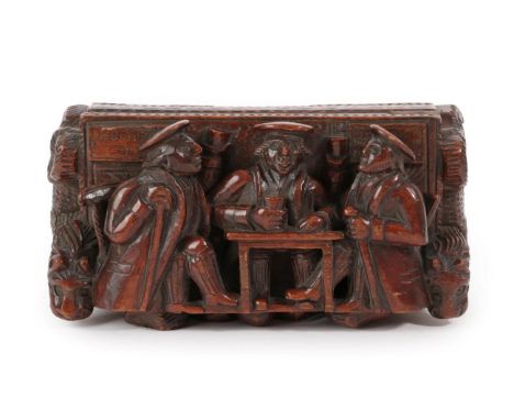 A Scottish Treen Table Snuff Box, 19th century, of rectangular form, carved in high relief with three figures in a tavern, in