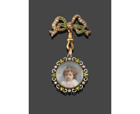 An Early 20th Century Demantoid Garnet, Enamel and Split Pearl Brooch, a bow motif set throughout with demantoid garnets and 