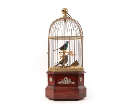 A Coin Operated Double Singing Bird in Cage Automaton, probably by J Phalibois, French, circa 1890, the two birds with moving