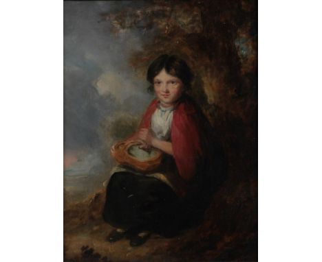 Circle of Hugh Cameron RSA, RSW (1835-1918) Scottish  Young girl seated under the canopy of a tree, wearing a red cloak and h