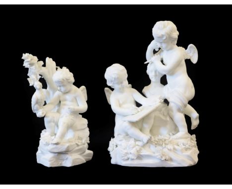 A Derby Bisque Porcelain Figure Group Representing The Arts, circa 1780, modelled as two putti, one standing with a bust and 