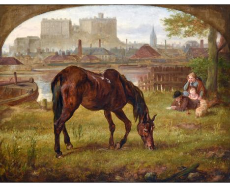 Gourlay Steell RSA (1819-1894) Scottish  ''A Day of Rest'' - Horse and figure in repose before Edinburgh Castle on the canal 