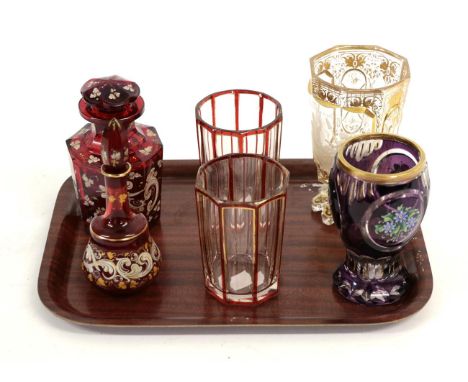 A Bohemian Glass Goblet, 19th century, engraved with a lady and attendant and with inscription on a panel in a geometric grou