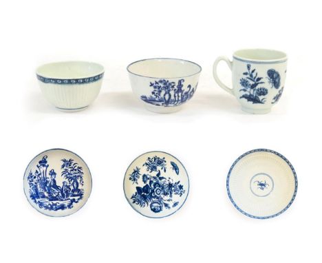 A Worcester Porcelain Tea Bowl and Saucer, circa 1780, printed in underglaze blue with the Mother and Child pattern, crescent