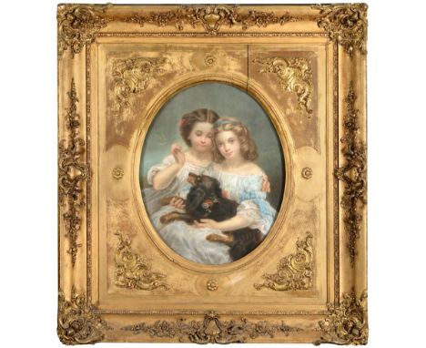 Mathilde Waterton (d.1878) Portrait of two young girls, seated, with their King Charles Spaniel Pastel, 65cm dia.(oval)   Pur