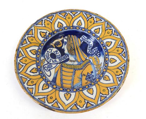 A Maiolica Bella Donna Dish, in 16th century Deruta style, painted in blue and ochre with a bust length portrait of a lady an