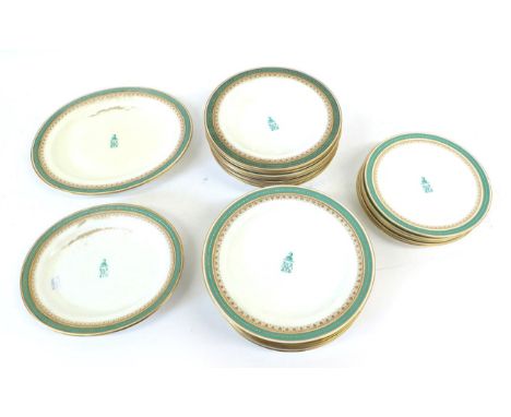 A Royal Worcester Porcelain Crested Dessert Service, late 19th century, transfer printed in green with crested WFK monochrome