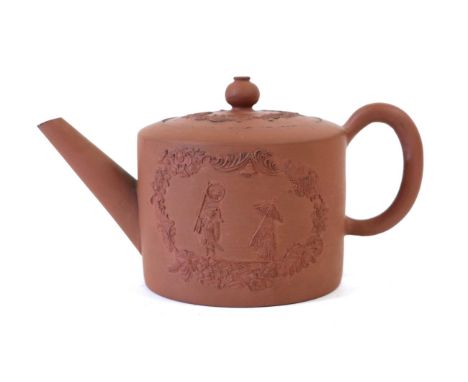 A Staffordshire Red Stoneware Teapot and Cover, circa 1750, of cylindrical form, moulded and applied with chinoiserie figures