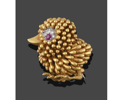 A Ruby and Diamond Brooch, by Kutchinsky, stylised in the form of a chick, the eye formed of a round cut ruby and four round 