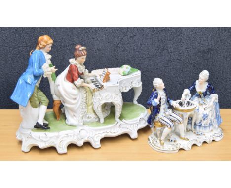 Large porcelain figural group of a lady playing a grand piano, a gentleman standing beside, marked P.L China to the underside