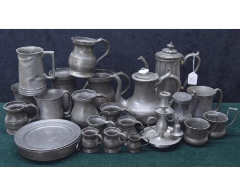 Selection of antique and later pewter&nbsp;to include coffee pot 10" high, tea pot, two toddy cups, chamber stick etc 