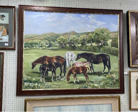 M*J*Mahoney (20th Century) -&nbsp;Pedigree Mares and Foals in a sunlit landscape, including the Mares 'Slightly Dangerous', '