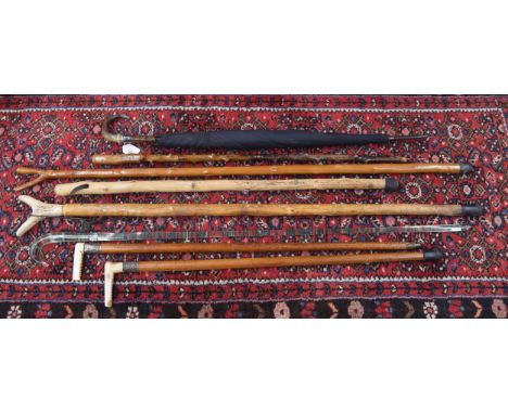 Six assorted walking sticks/staffs, including with antler/bone handles; together with a Nailsea type glass walking stick and 