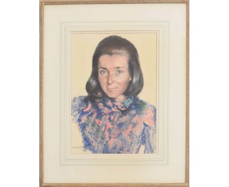 English School (20th/21st century) - portrait of Julia, head and shoulders study wearing a blue and pink floral dress, indist