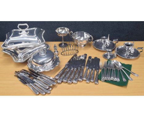 Good selection of silver plated items to include a pair of Henry Wilkinson &amp; Co Ltd chamber sticks with snuffers, pair of