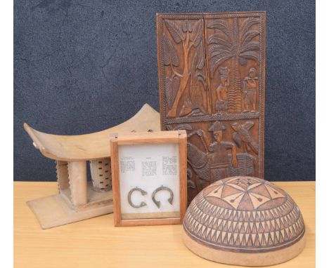 Lagos, Nigeria carved hardwood panel, depicting figural scenes with birds, palm trees and a figure with a horse, 12" x 22" hi