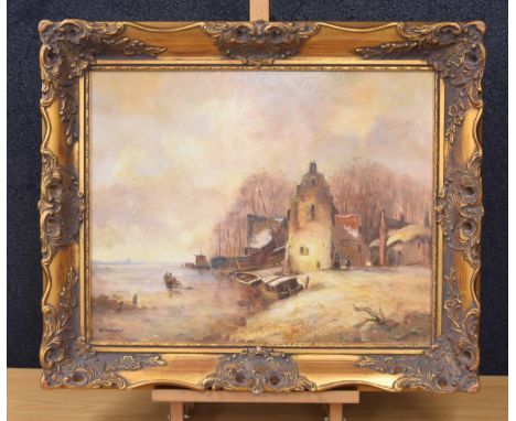 M*J* Keradell (20th/21st century) - A Dutch winter landscape with figures skating on the ice beside buildings, signed, oil on
