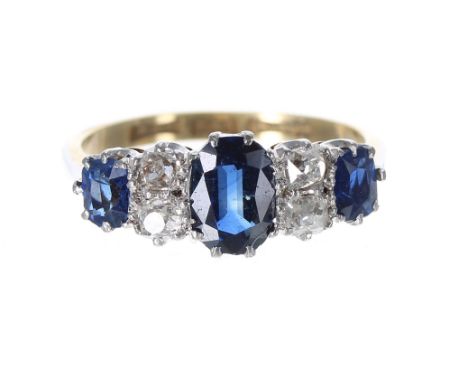 Attractive 18ct and platinum sapphire and diamond ring, with three oval sapphires and four old-cut diamonds, width 8mm,&nbsp;