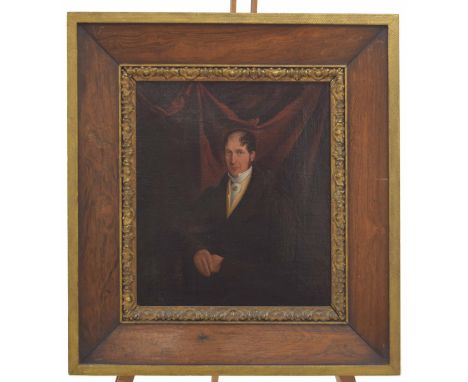English Provincial School (19th century) - Portrait of a gentleman, seated three quarter length wearing a brown coat, yellow 
