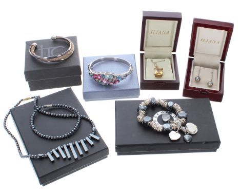 Silver (925) gem set bangle, boxed; together with a further silver (925) bangle (boxed); Charmology bracelet (boxed); necklac