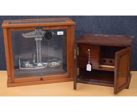 Griffin &amp; George Ltd Laboratory balance scales, under a glazed case 18" wide, 16" high; also a mahogany case for a scient