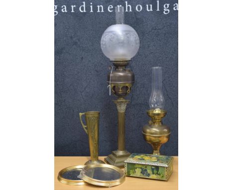 Brass Corinthian column oil lamp with engraved globe shade, marked Brevete L &amp; B 1883, 31.5" high including storm shade; 