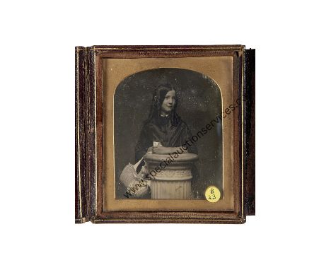 Sixth-Plate Daguerreotypes of Young Ladies,  oval, holding letter in right hand, G, some edge oxidisation (1), leaning on pil