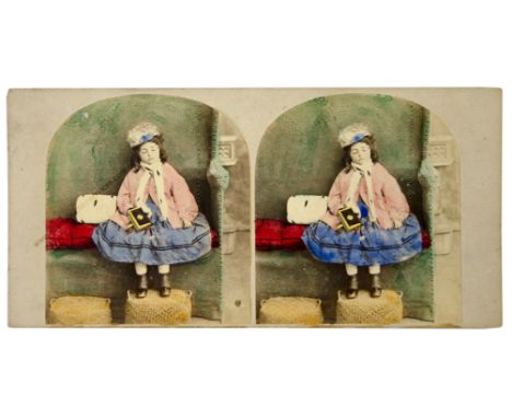 Stereo Cards - Genre Scenes,  small girl asleep 'First Time at Church' attrib. Burr, same image as carte (2), picnic and dini