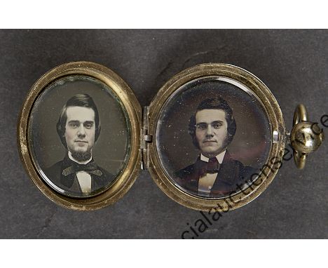 Photographic Jewellery, gold-coloured metal circular fob-type double locket, engine-turned, with pair of Daguerreotype images