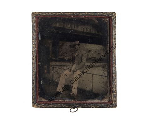 Ambrotype Portraits,  various subjects, quarter-plate group outside smart urban villas (1), sixth-plate - girl with doll in g