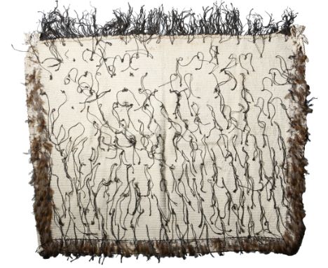 A Maori cloak korowai New Zealand flax with dyed and rolled fibre tags, the sides and base edged with feathers, 125cm x 113cm
