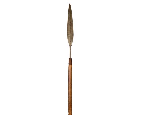 Boer War Interest A spear with a relief carved shaft, including a fleur de lis with a banner for Manchester Regiment, the Que