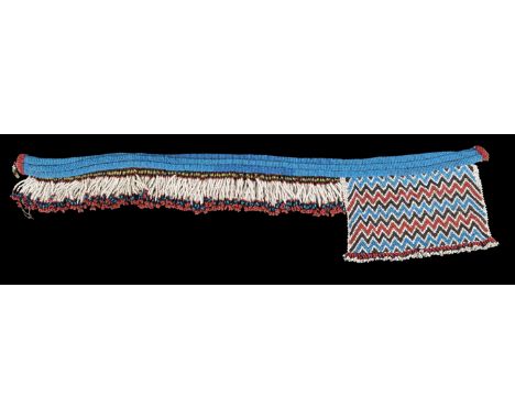 A Zulu beaded waistband South Africa with three cylindrical rows hung with a rectangular panel with a zig-zag pattern and a f